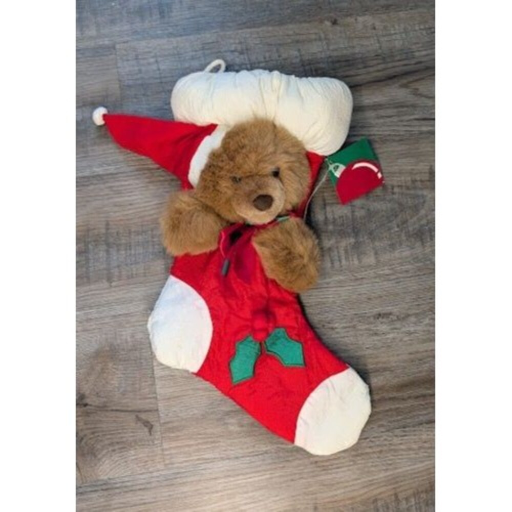 NOS Christmas Stocking Vtg Puffy Parachute 3D Teddy Bear 80s 17" Holiday Decor